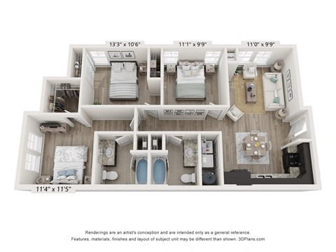 Floor plan for 3 beds, 2 baths, 1086 sqft